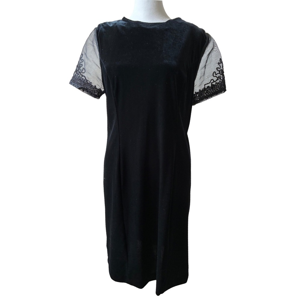 Vintage Black Velvet Sheer‎ Embroidered Sleeve Button Back Cocktail Dress Womens